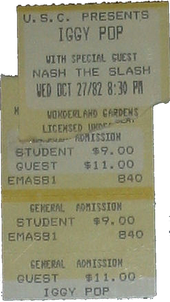 Iggy Pop with Nash the Slash: Gimme Danger, Wonderland Gardens, London, Ontario, Canada, Wednesday October 27, 1982, ticket, EP 20, mylifeinconcert.com