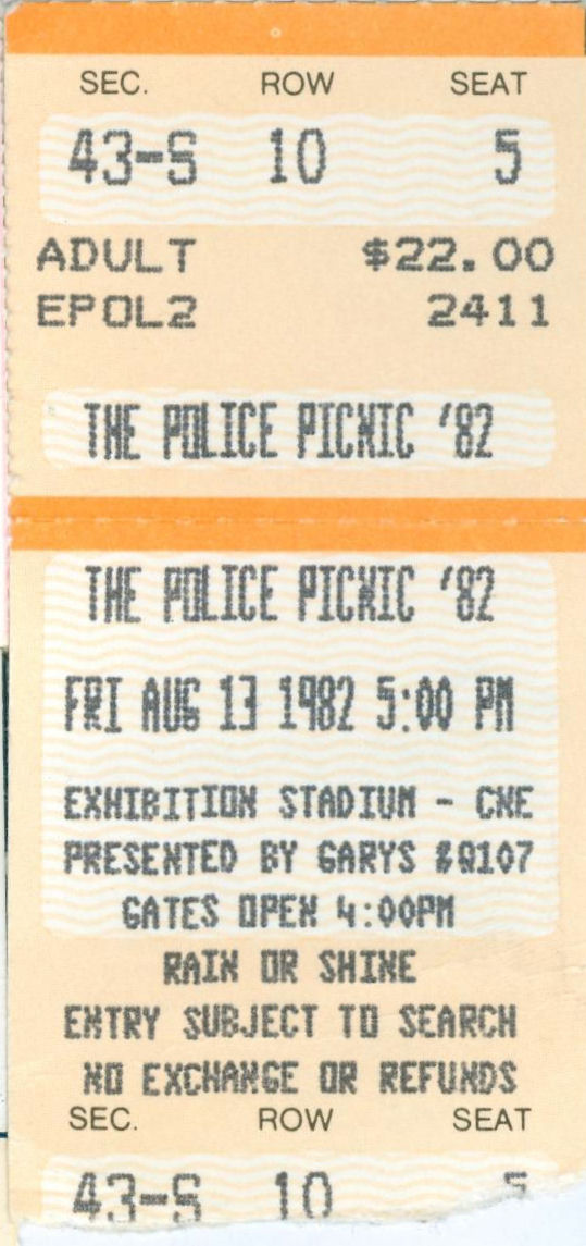 EP 17 (no.11) What A Day That Was: Police Picnic ’82, CNE Stadium, Toronto, Ontario, Canada, August 13, 1982, mylifeinconcert.com, ticket