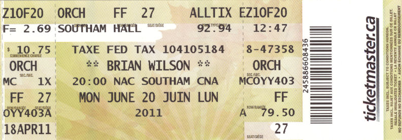 Brian Wilson Ticket, Ottawa, Monday June 20 2011, VariousArtists