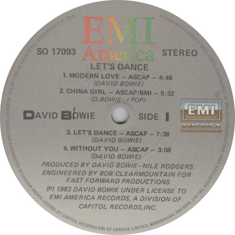 LABEL David Bowie Lets Dance Side 1