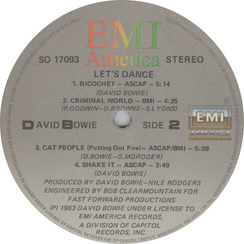 LABEL David Bowie Lets Dance Side 2