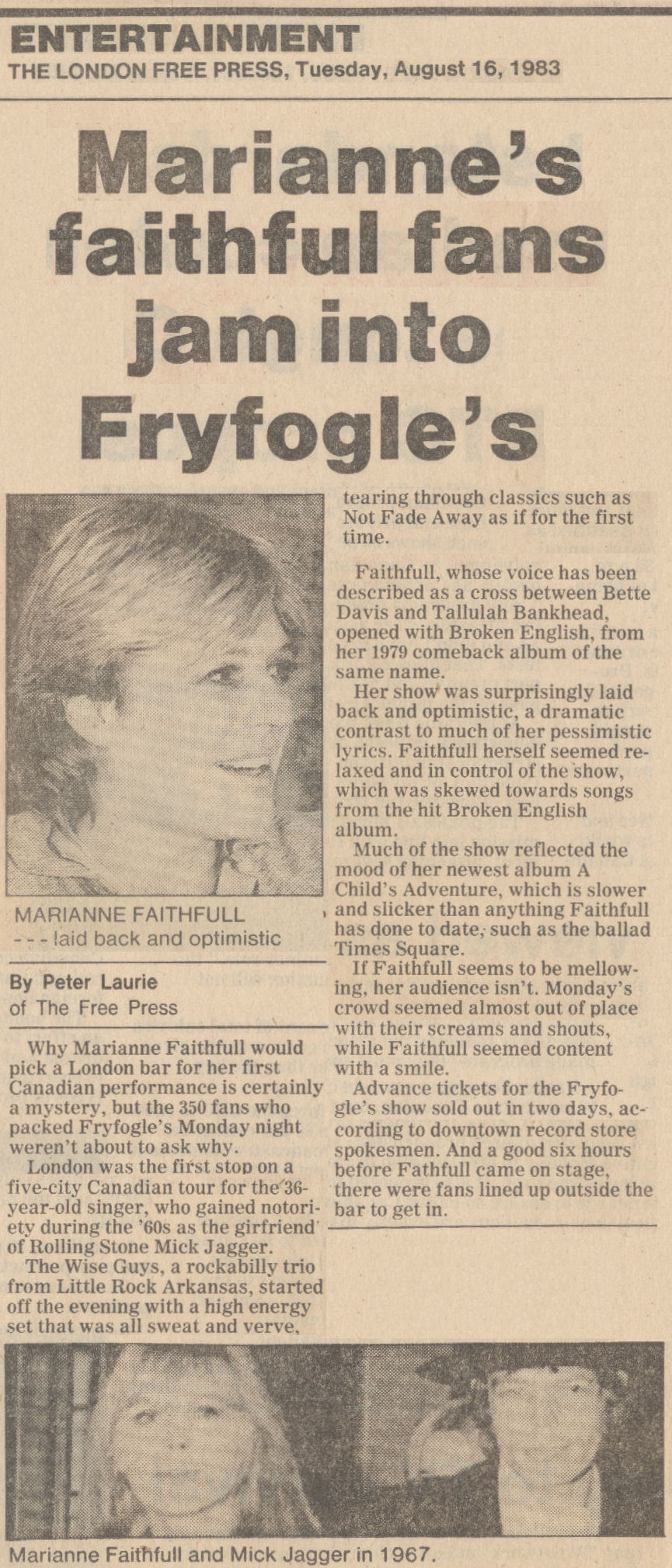 Marianne Faithfull, Fryfogle's, London Free Press Review August 16 1983