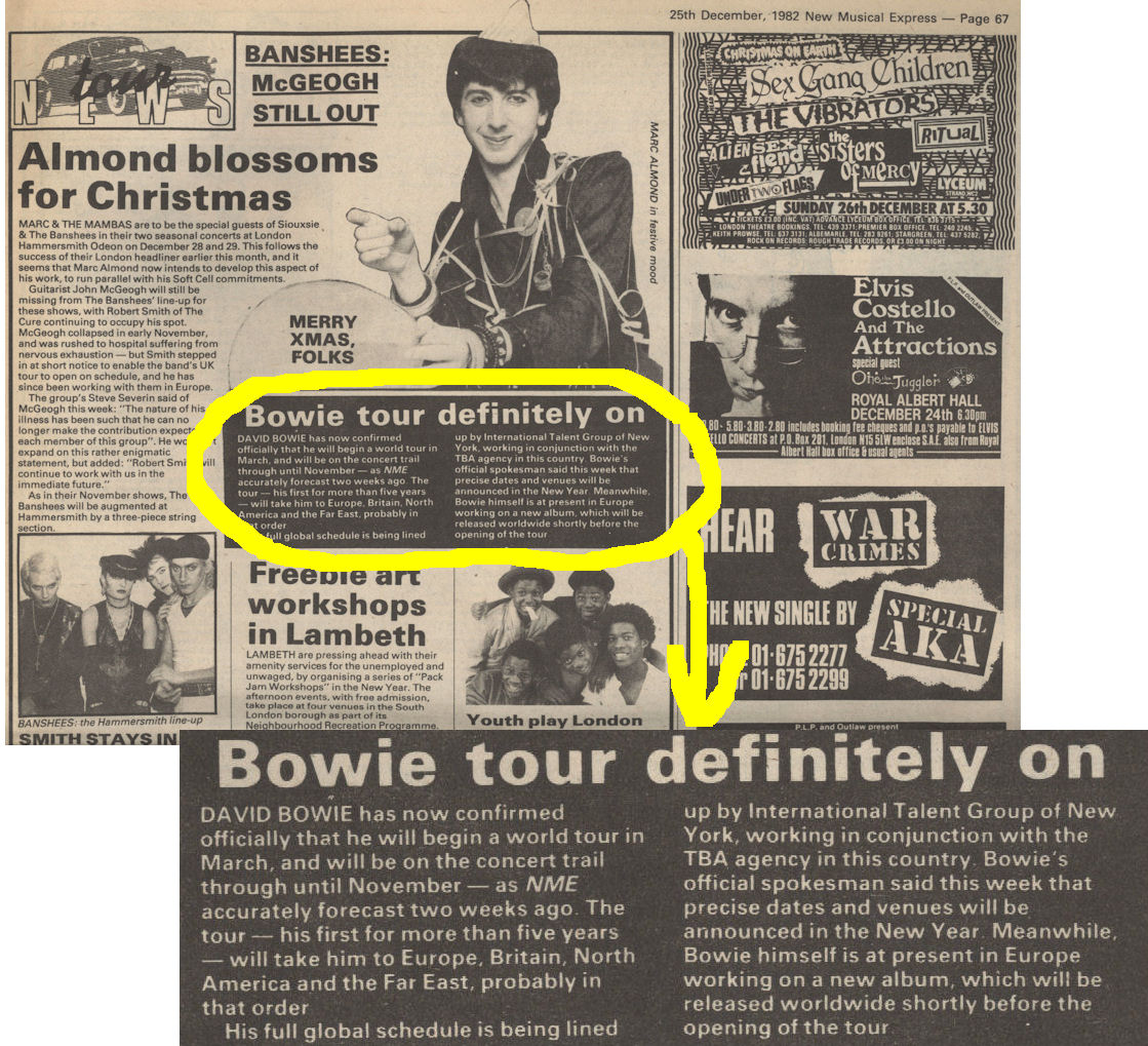 NME Dec 1982 Mark Almond Bowie tour for 1983 BLOG W HIGHLIGHT