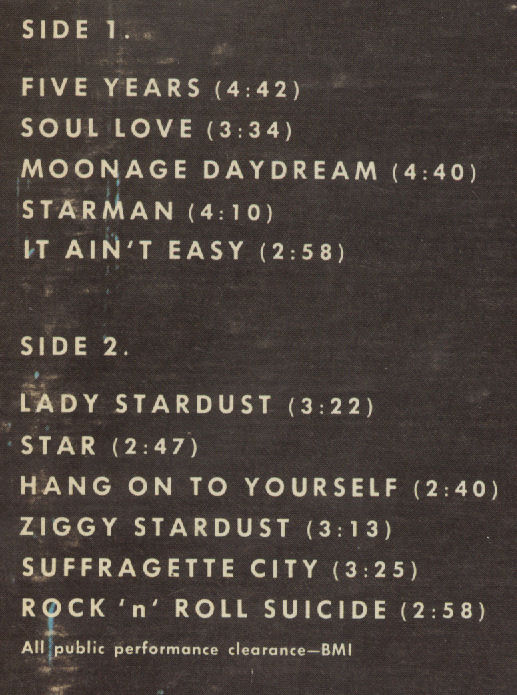 David Bowie Ziggy Stardust Track Listing on back of LP BLOG