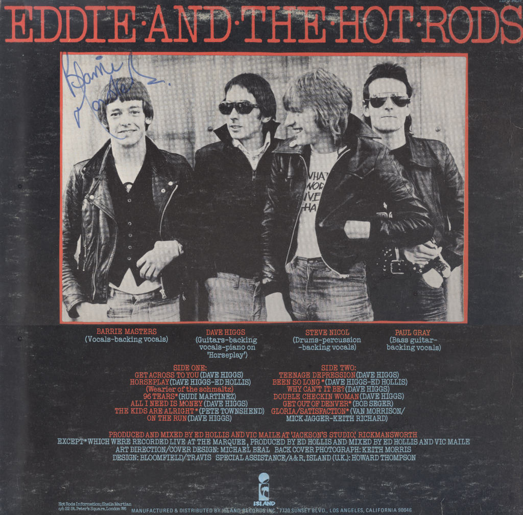 Eddie and the Hot Rods Teenage Depression Signed Back Cover, mylifeinconcert.com