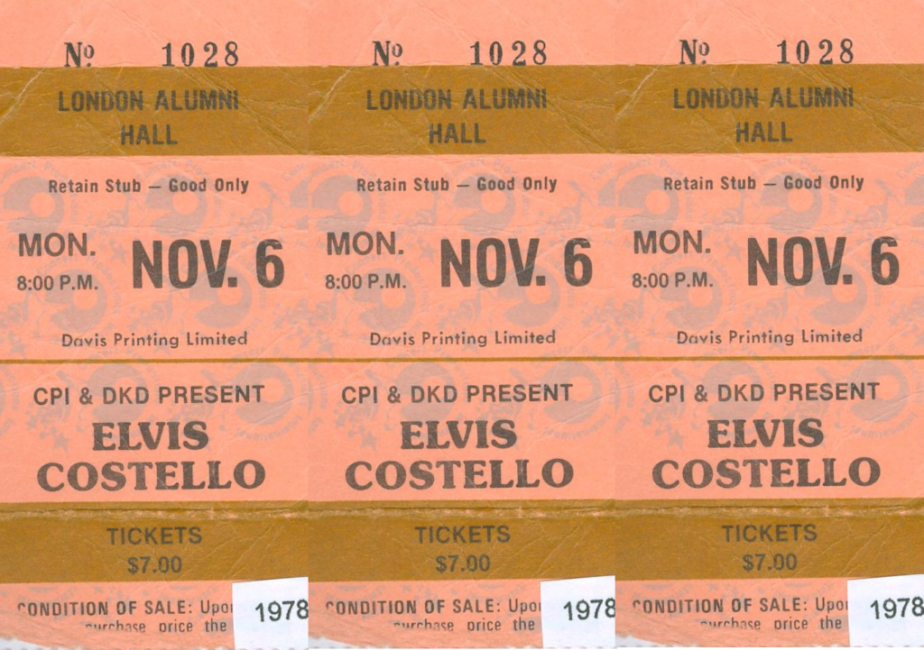 Elvis Costello and The Attractions, Alumni Hall, London, Ontario, Canada, Monday November 6, 1978, Ticket, mylifeinconcert.com, Episode 8, Concert Number 3
