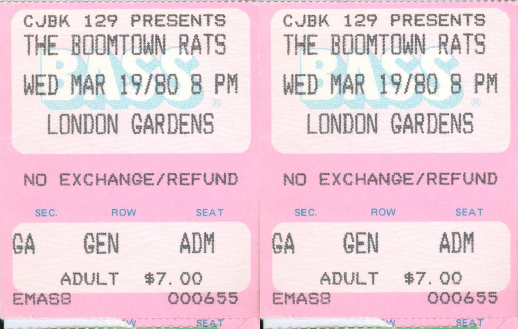 Boomtown Rats with B.B. Gabor, London Gardens, London, Ontario, Canada, Wednesday March 19, 1980, Ticket, mylifeinconcert.com, Episode 14, Concert Number 6