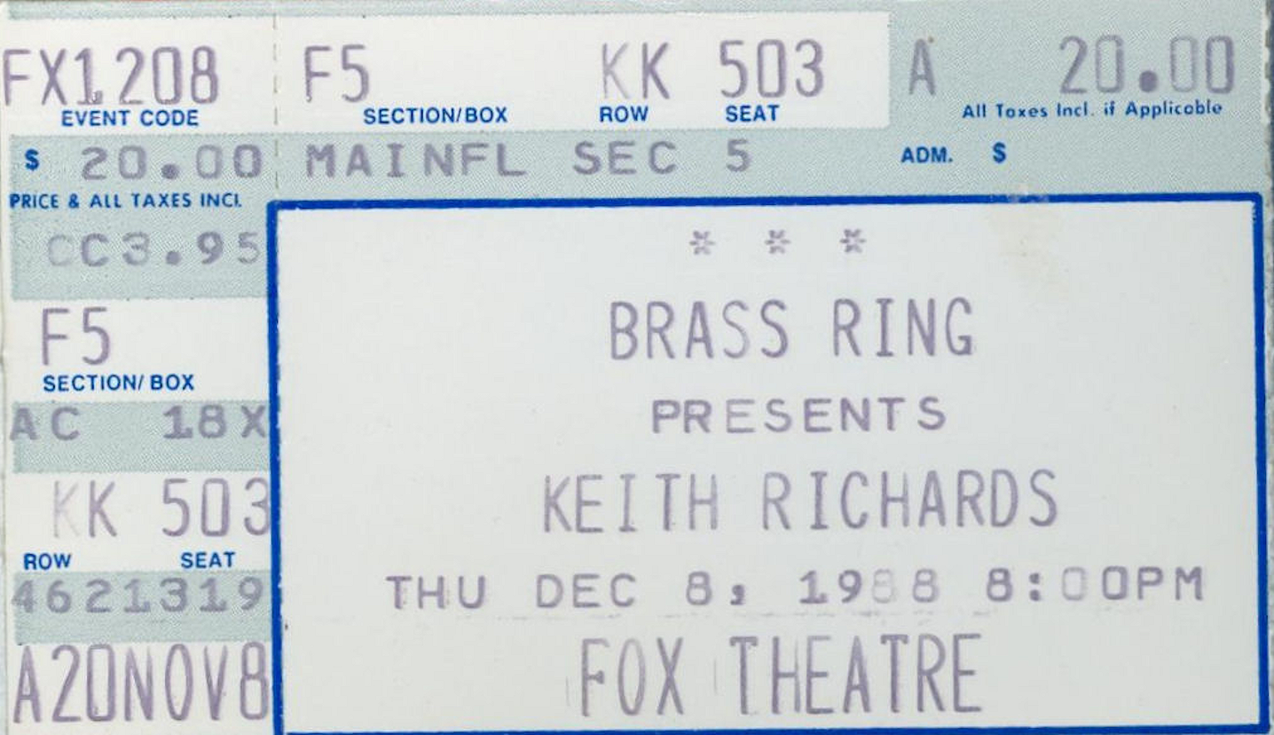 Connection: Keith Richards and the X-Pensive Winos, Fox Theatre, Detroit, Michigan, USA, December 8, 1988, EP 23, Concert no. 51, mylifeinconcert.com