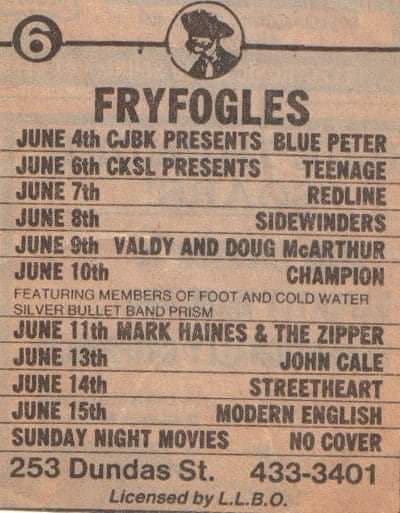 John Cale at Fryfogle's June 13 1983, an ad for Frys' schedule