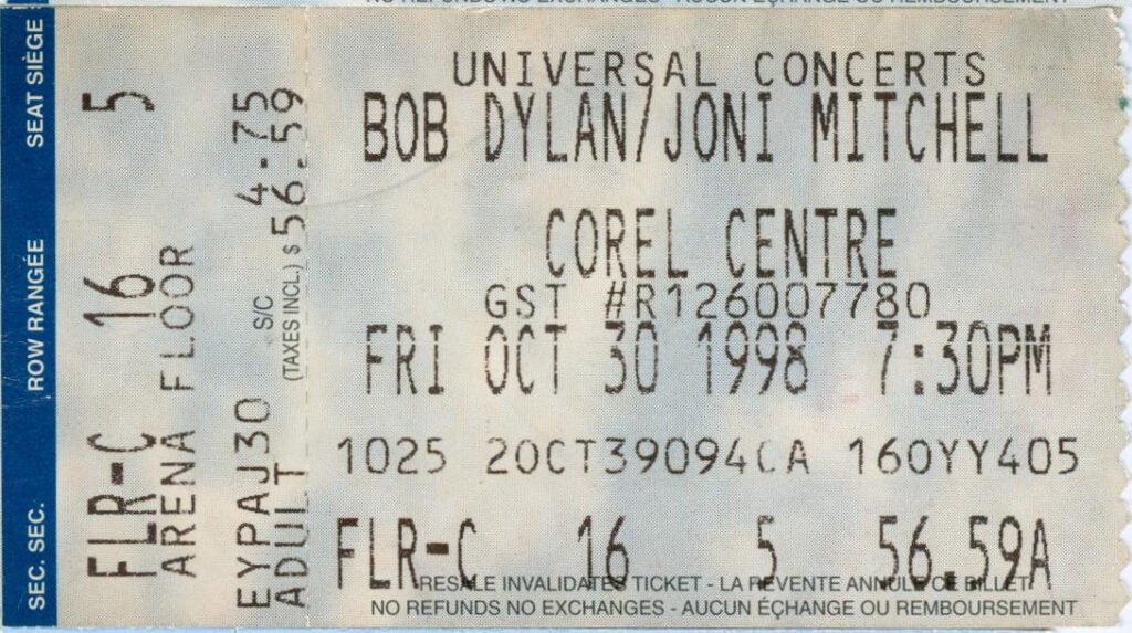 Joni Mitchell and Bob Dylan, Corel Centre, Ottawa, Ontario, Friday, October 30, 1998, mylifeinconcert.com