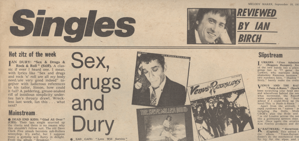 MM Sept 10 IAN DURY Sex & Drugs & Rock & Roll, MM single of the week, September 10, 1977, mylifeinconcert.com