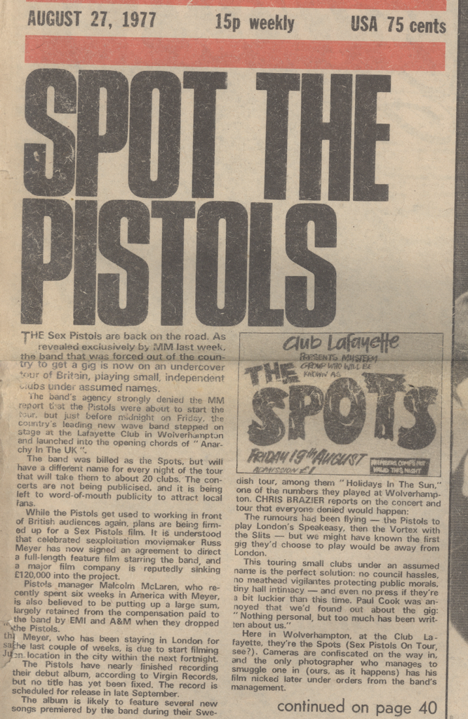 Sex Pistols On Tour Secretly, The Spots, Melody Maker, August 12, 1977, mylifeinconcert.com