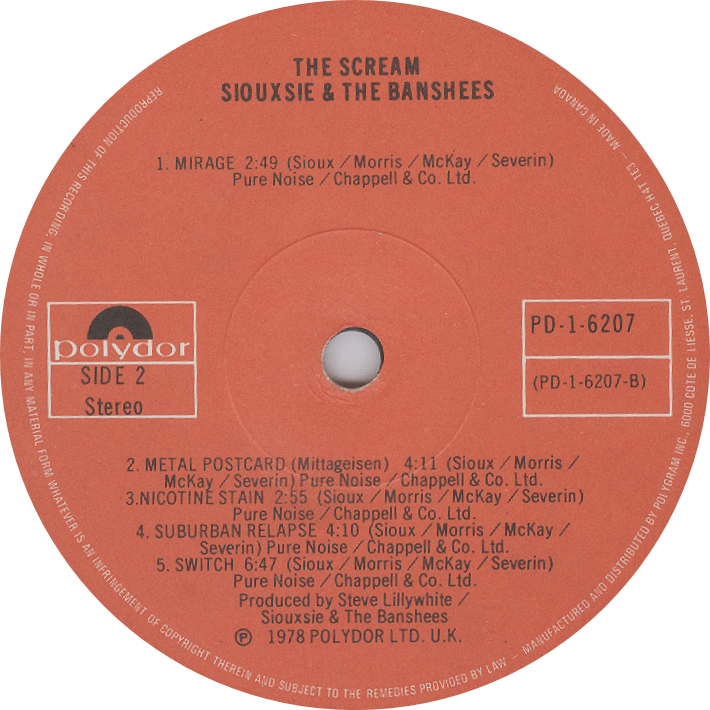 Siouxsie & The Banshees, The Scream, 1978, Polydor Canada, Side 2, mylifeinconcert.com