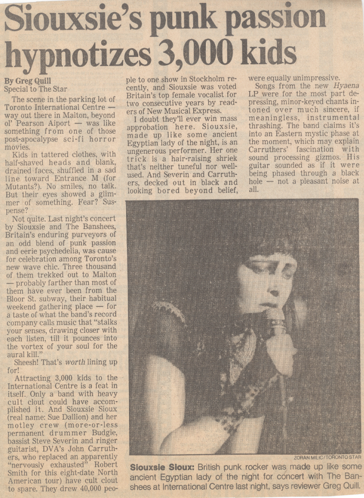 Toronto Star review, Siouxsie & the Banshees with Images In Vogue, The International Centre, Toronto, Ontario, July 10, 1984, mylifeinconcert.com