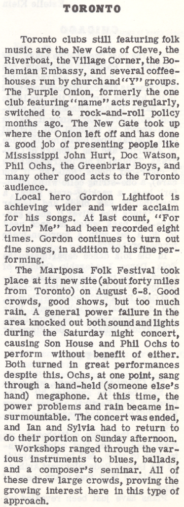 Toronto Folk Scene 1965 Sing Out! mylifeinconcert.com